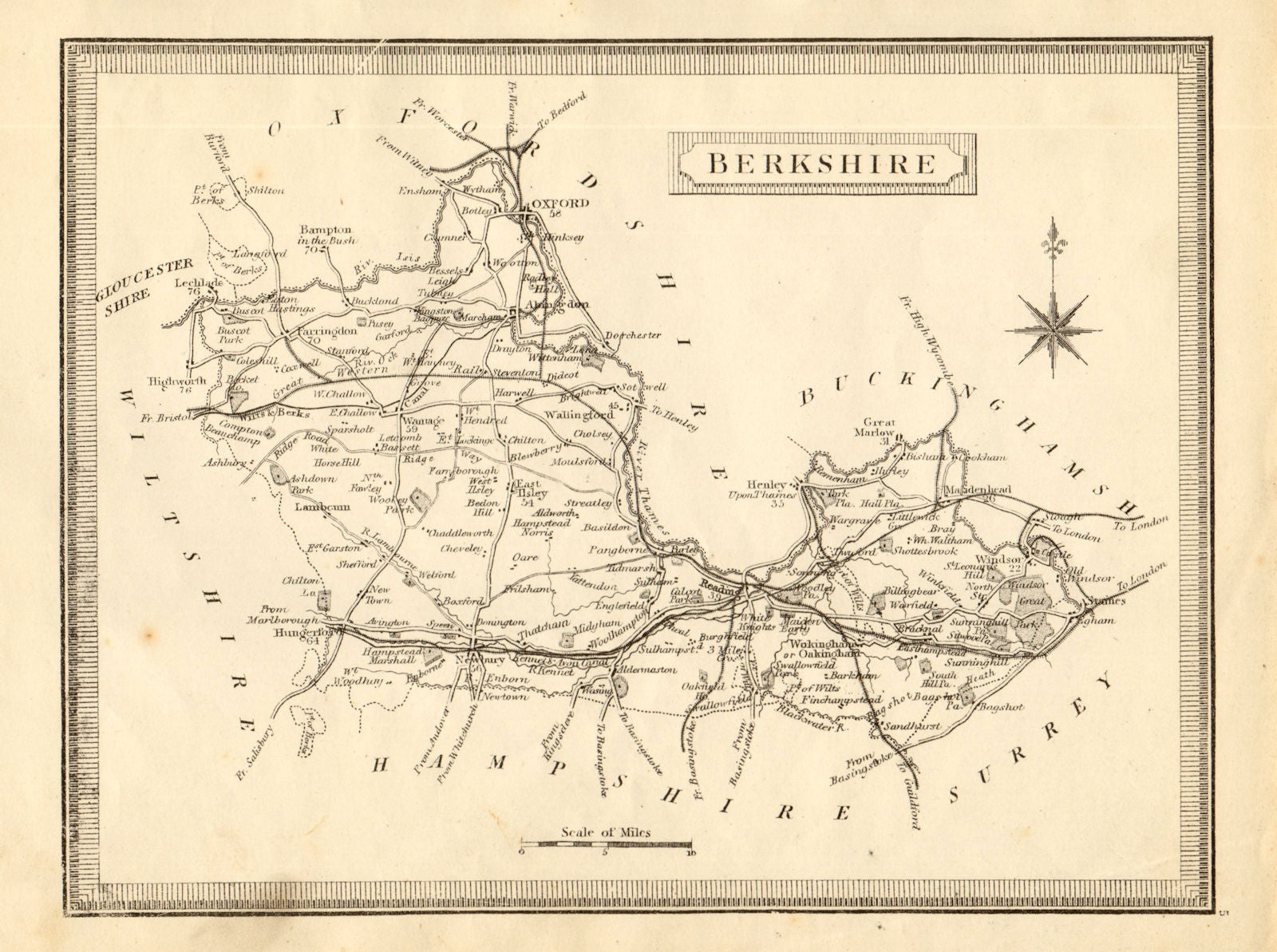 Antique county map of Berkshire by John Heywood. Railways & coach roads c1864